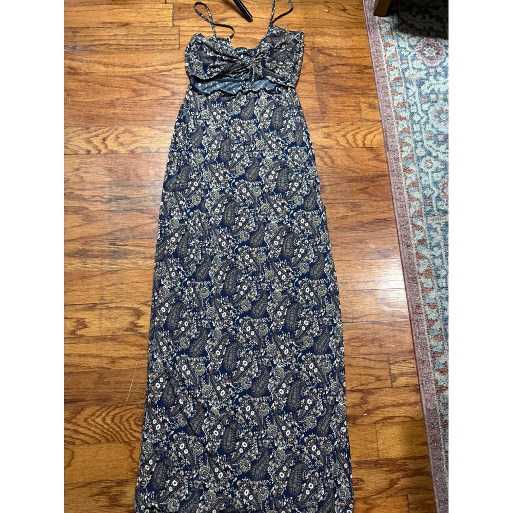 Lovely Day Navy Paisley Floral Cutout Tie Front Maxi Dress Boho Adjustable Strap